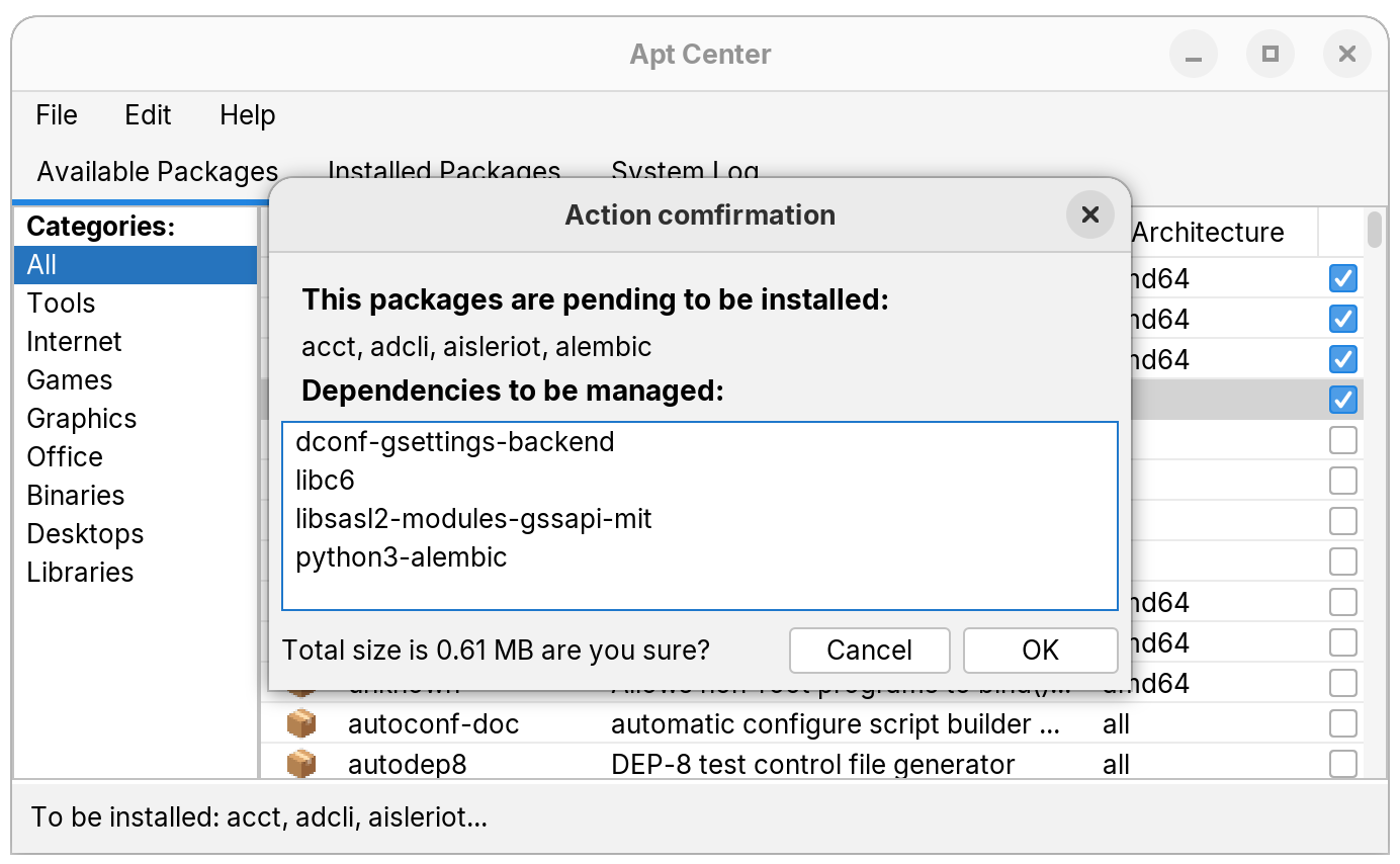 Apt Center action confirmation